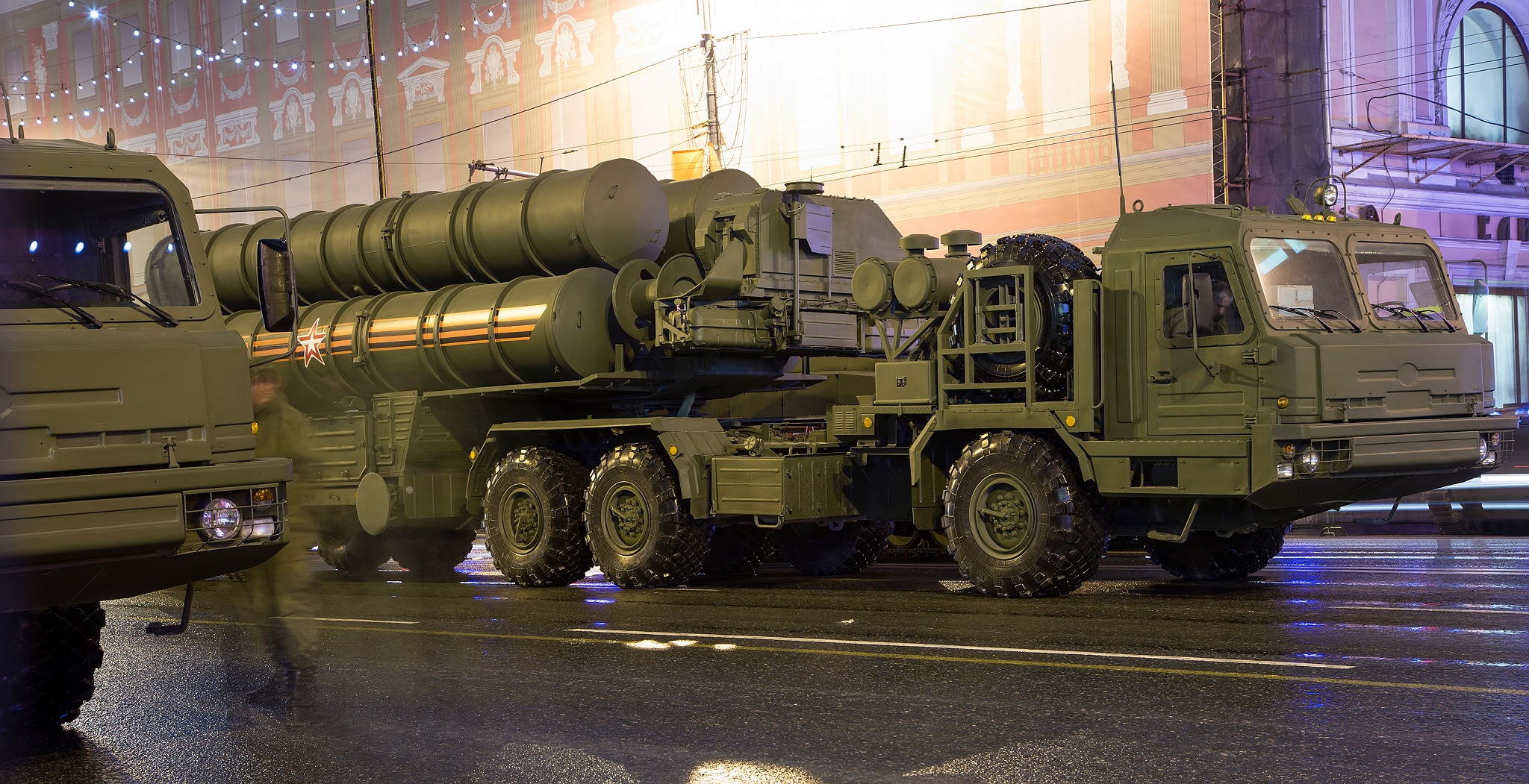 Moscow, Russia - May 4, 2015: S-400 Triumf (SA-21 Growler)Russian anti-aircraft missile system. Rehearsal of military parade (at night), Moscow, Russia (on May 04, 2015).Celebration of the 70th anniversary of the Victory Day(WWII)