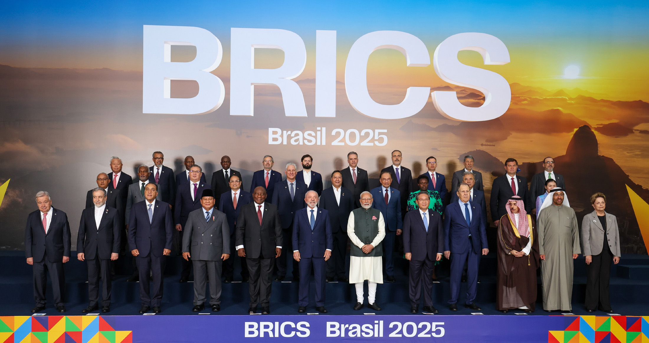 PM in a family photograph with Members, Partners and Outreach invitees on the sidelines of 17th BRICS Summit at Rio de Janeiro, in Brazil on July 07, 2025.