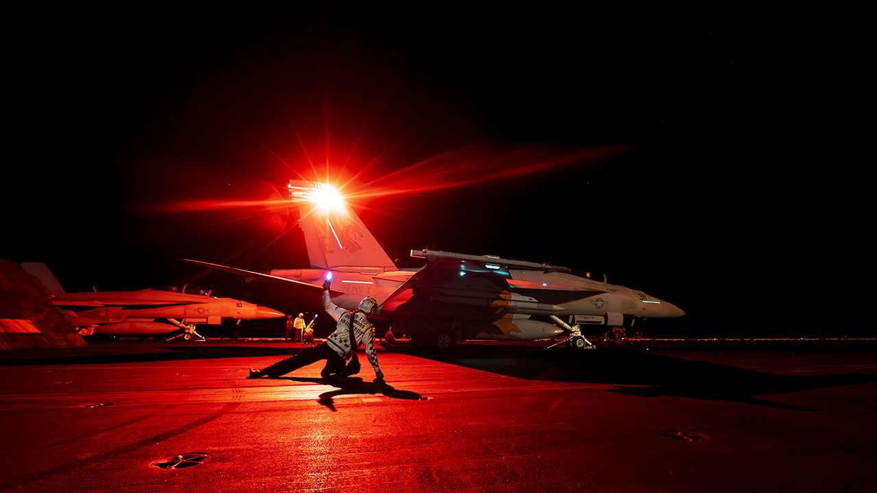 250429-N-PV401-1028 U.S. CENTRAL AREA OF RESPONSIBILITY (April 29, 2025) An F/A-18E Super Hornet, attached to Strike Fighter Squadron (VFA) 192, launches from the flight deck of the Nimitz-class aircraft carrier USS Carl Vinson (CVN 70) in the U.S. Central Command area of responsibility. (Official U.S. Navy photo)