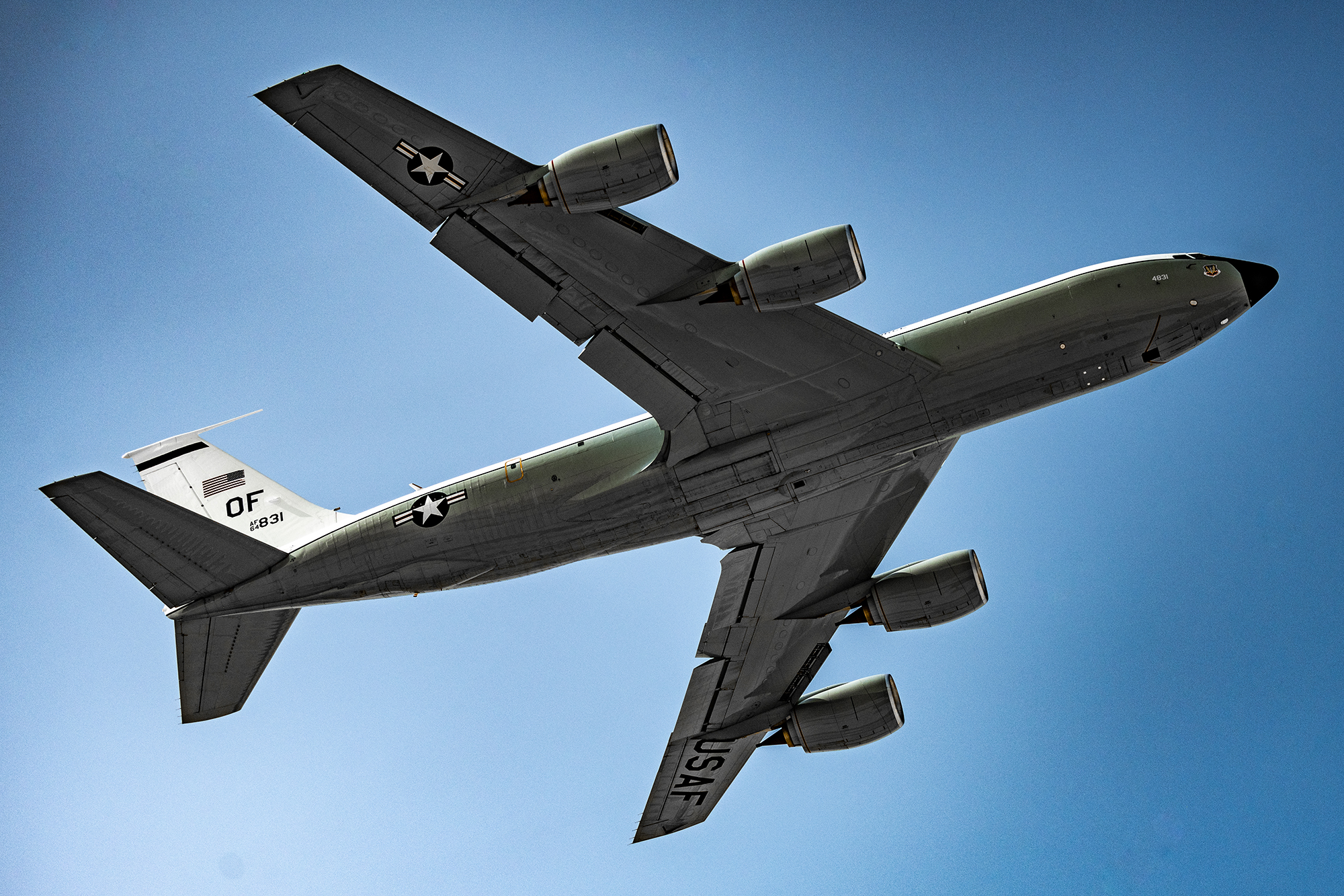A U.S. Air Force WC-135R Constant Phoenix assigned to the 45th Reconnaissance Squadron, Offutt Air Force Base, Nebraska, flies within the U.S. Central Command area of responsibility, Dec. 1, 2024. The WC-135 is an atmospheric collection aircraft that supports national-level consumers by collecting particulate and gaseous emissions from accessible regions of the atmosphere. (U.S. Air Force photo)