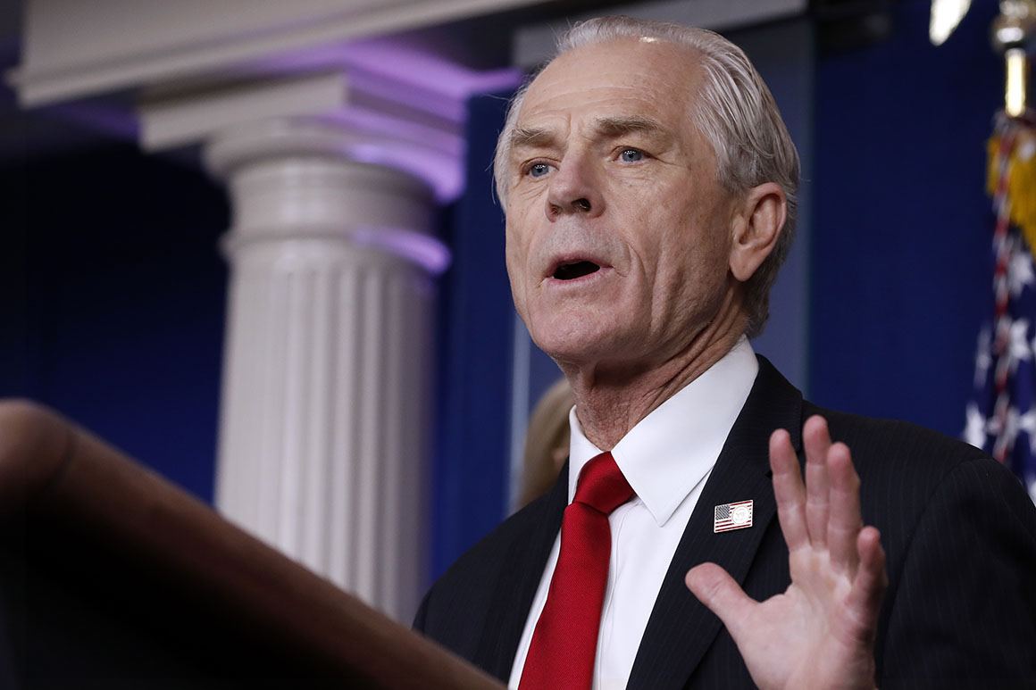 White House trade adviser Peter Navarro, who will now serve as national defense production act policy coordinator, speaks about the coronavirus in the James Brady Press Briefing Room, Friday, March 27, 2020, in Washington. (AP Photo/Alex Brandon)