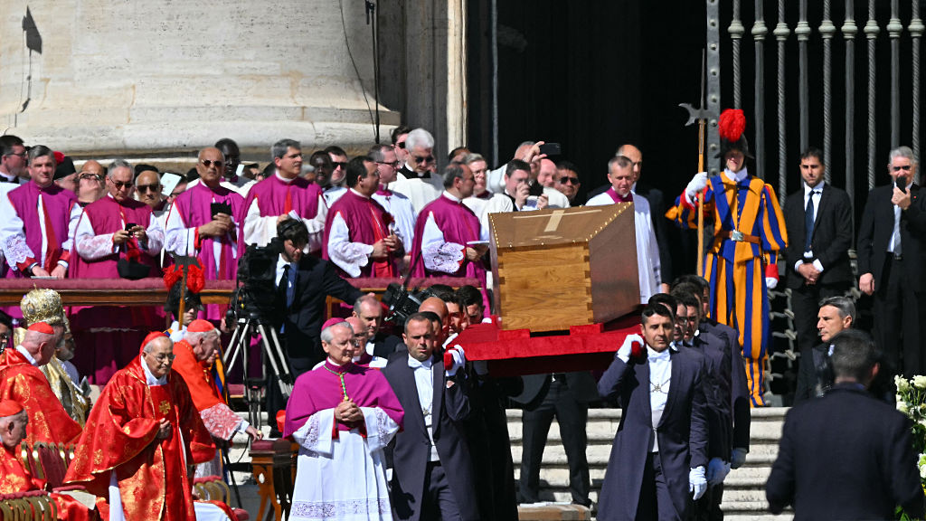Pallbearers carry the coffin of late Pope Francis during the funeral ceremony in St Peter's Square, at the Vatican, on April 26, 2025. (Photo by Andreas SOLARO / AFP)