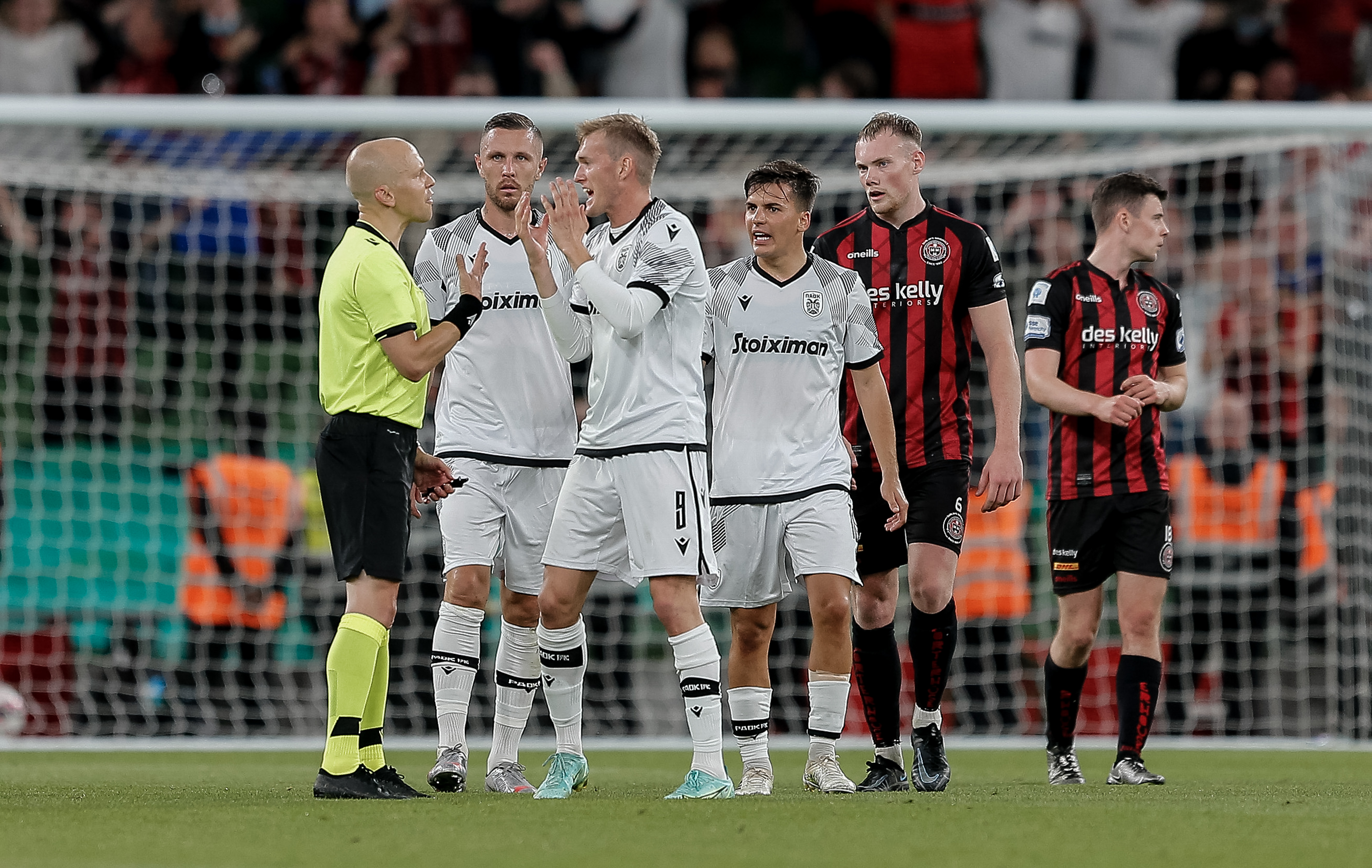 3rd August 2021; Aviva Stadium, Dublin, Leinster, Ireland; Europa Conference League Qualifier, Bohemians Football Club versus PAOK; Karol Świderski of PAOK FC protests to Referee Antti Munukka about a decision against POAK